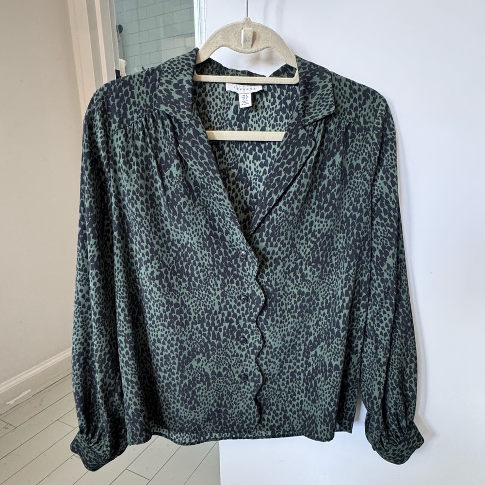 Topshop forest green black print blouse